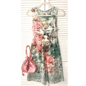 Kiara Sage rose flower shift midi dress and handmade little purse small